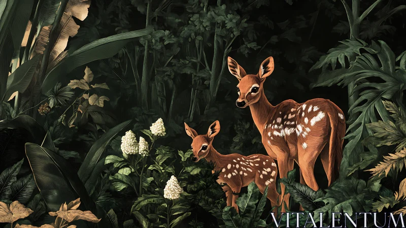Gentle deer family pauses quietly within lush forest ferns