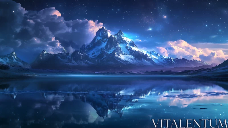 Snowy mountain range mirrored in calm nocturnal lake.