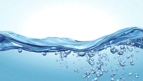 Crystal-clear water wave curves with rising bubbles in motion.