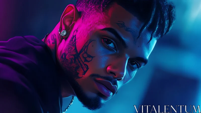 Male portrait in neon lighting with facial tattoos and jewelry.