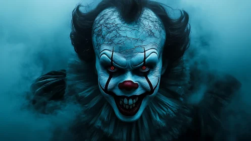 Sinister clown portrait emerging from dense blue fog.