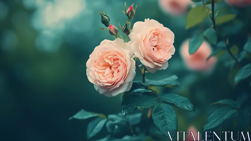 Blush garden roses with buds on teal foliage.