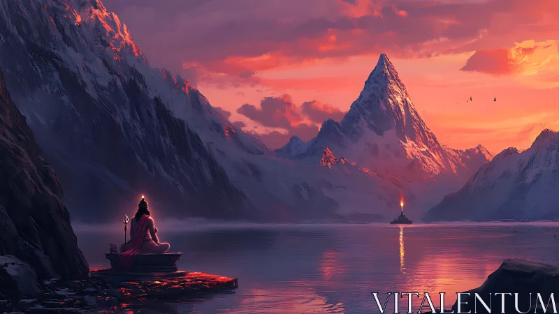 Meditative ascetic before snow peaks at ember-lit alpine dusk