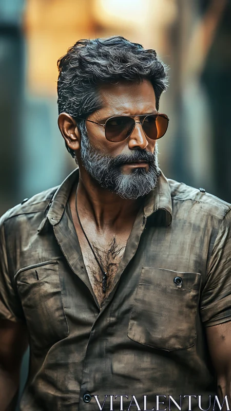 Middle-aged man in sunglasses wearing worn brown shirt.