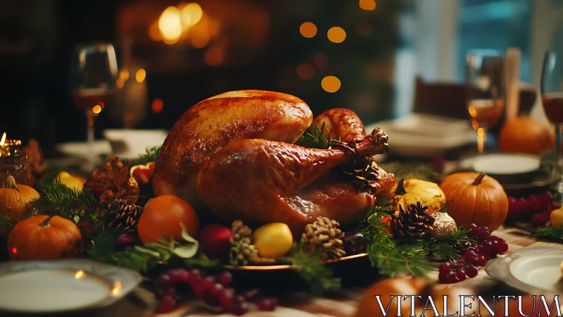 Roasted holiday turkey centerpiece with warm bokeh lighting.