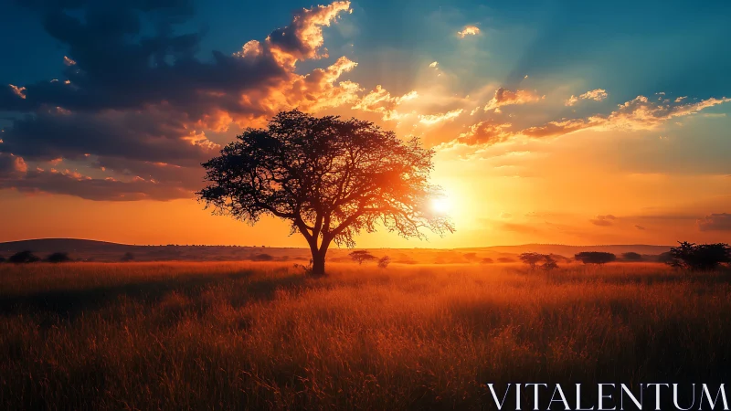 Solitary savanna tree under vivid cinematic sunset glow.