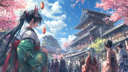 Festival crowd moves through cherry blossom-lined temple street