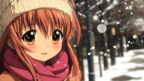 Anime girl in winter street with soft bokeh snowfall.
