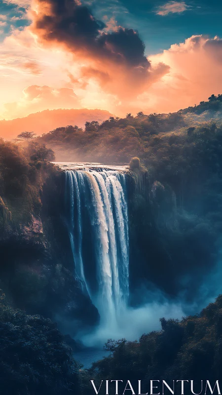 Sunlit jungle waterfall plunges into misty twilight gorge