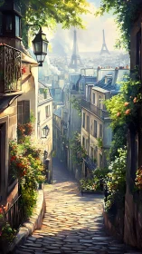 Sunlit Parisian lane gently leading toward the distant Eiffel Tower.