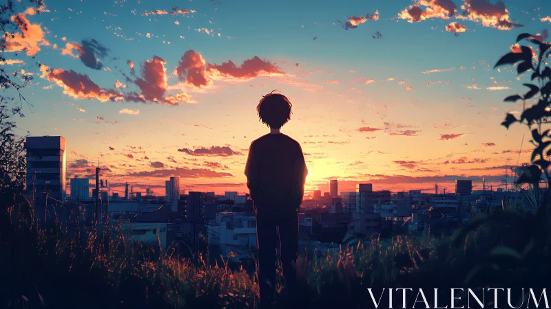 Quiet sunset moment with a lone dreamer above the city.