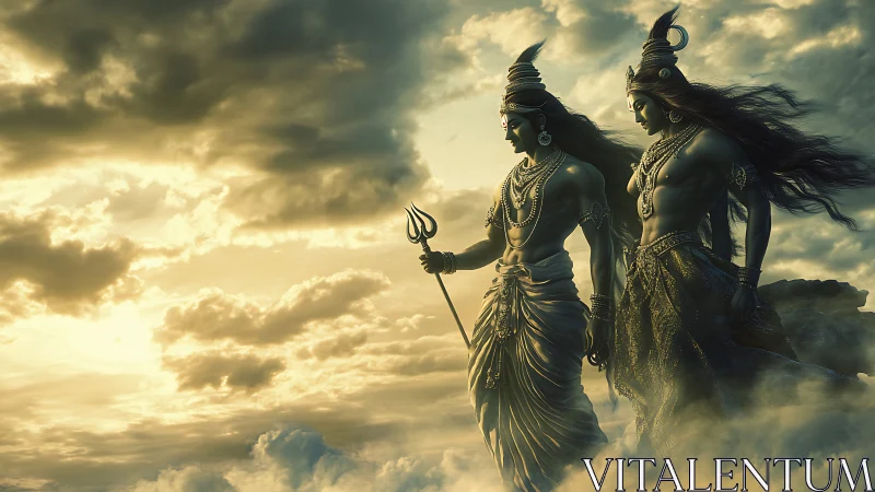Divine warrior deities stride through luminous storm clouds