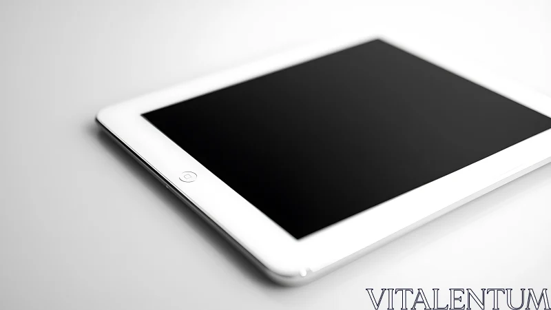 White iPad with dark display on neutral background.