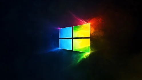 Glowing Windows style logo on dark multicolor background.