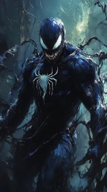 Digital symbiote entity in dynamic vertical character portrait.