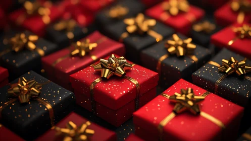 Glittering red and black gift boxes glow with festive warmth.