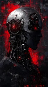 Cybernetic android profile glows with red neural cores.