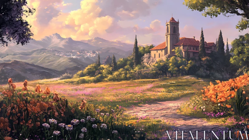 Sunlit hillside monastery overlooks layered alpine valley panorama