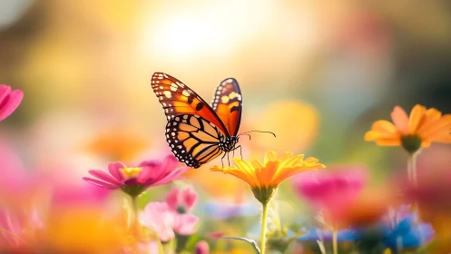 Monarch butterfly rests among glowing spring blossoms.