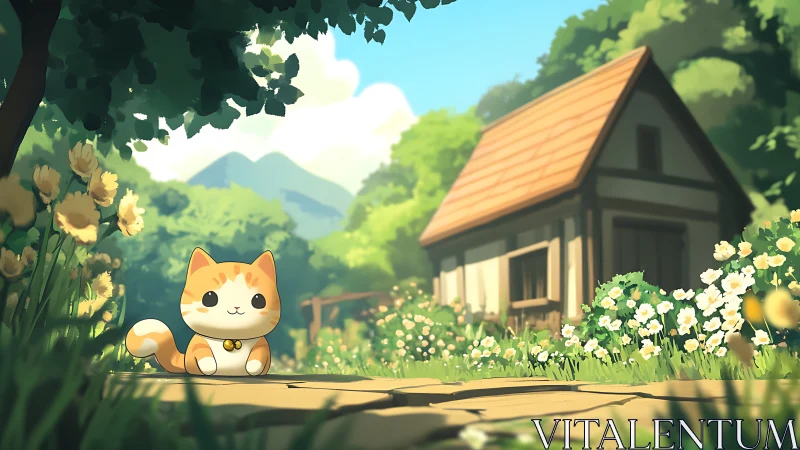 Sunlit cottage kitten guarding a dreamy flower path home.