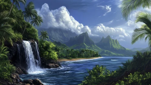 Tropical coastal landscape with waterfall and volcanic peaks