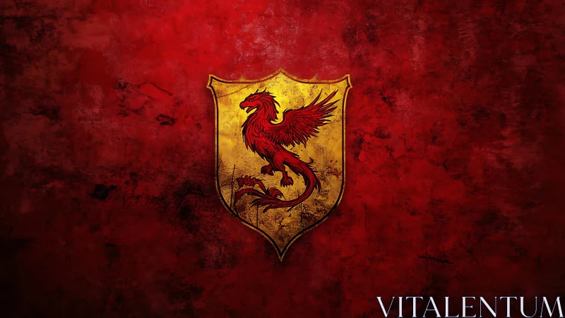 Golden shield displays red heraldic dragon on textured red field