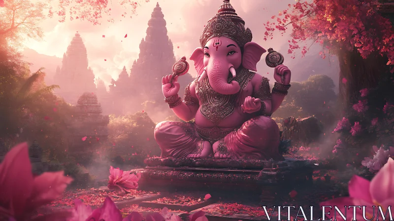 Pink Ganesha statue in lush temple garden at sunrise.