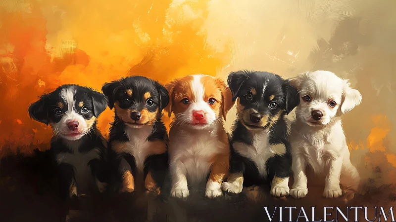 Digital puppy portrait with five colorful puppies grouped.