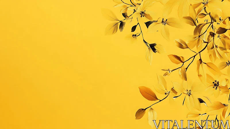 Monochrome yellow floral branches on minimalist negative space