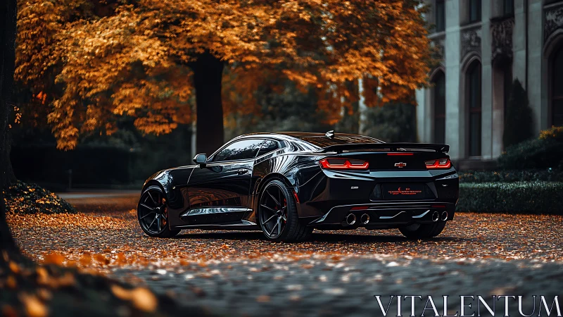Black Chevrolet Camaro coupe parked on cobblestone road in autumn