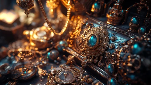 Ornate gold and blue jeweled objects in close perspective view.