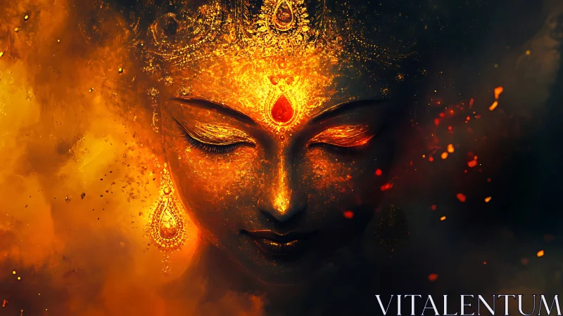 Firelit goddess portrait glows through swirling shadowed embers.