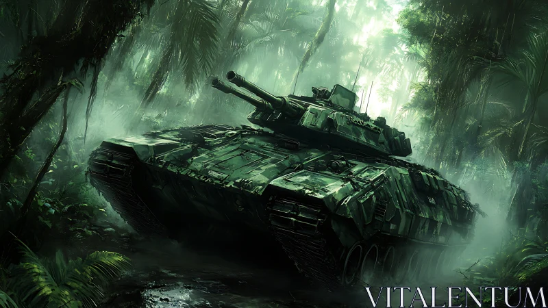 Armored combat vehicle advancing through dense jungle terrain.