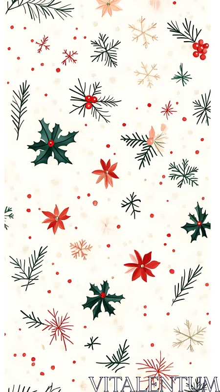 Vector holly, poinsettia, and pine sprig festive scatter pattern.