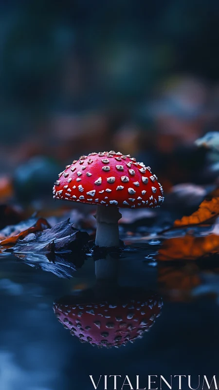 Scarlet forest mushroom mirrored in quiet blue water.