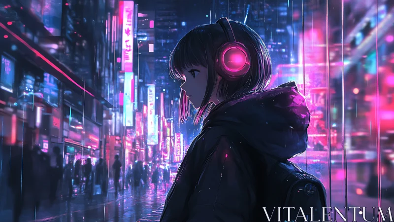 Neon-lit city wanderer with glowing headphones at night.