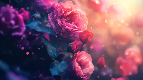 Digital floral rendering with layered roses exhibiting bokeh depth blur