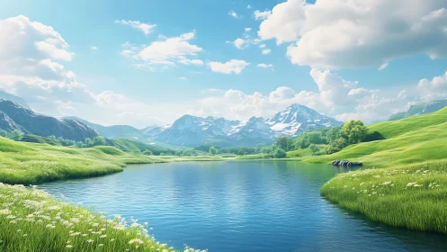 High dynamic range alpine lake amid lush grasslands and clouds