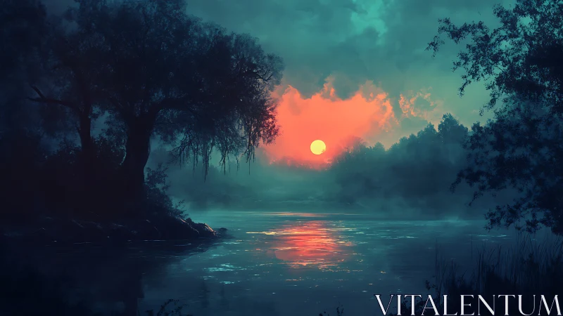 Dusklit river cradling a molten neon ember sunscape.