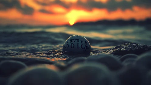 Sunset tide sphere emerging through moody coastal surf.