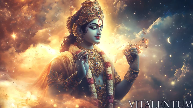 Divine blue-skinned deity rendered in luminous cosmic volumetrics