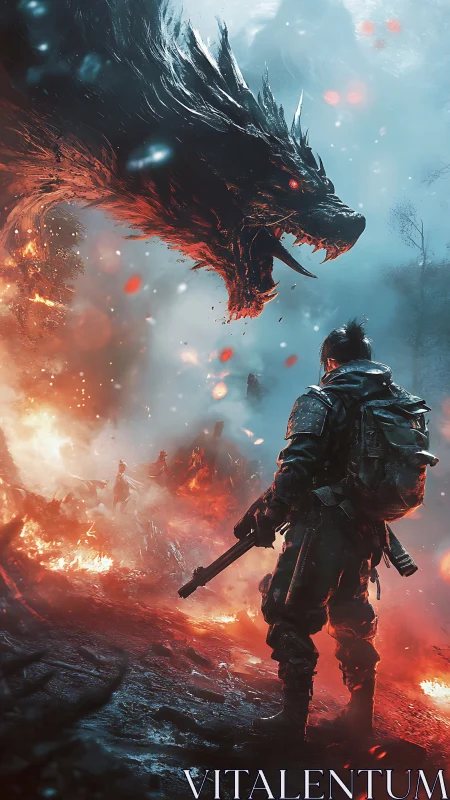 Armored soldier faces fiery dragon in burning battlefield scene.