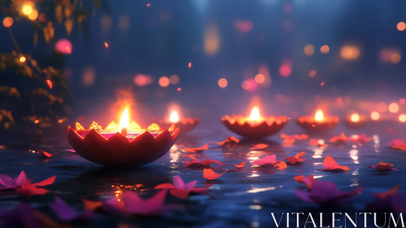 Floating lotus candles glowing over petal-strewn water.