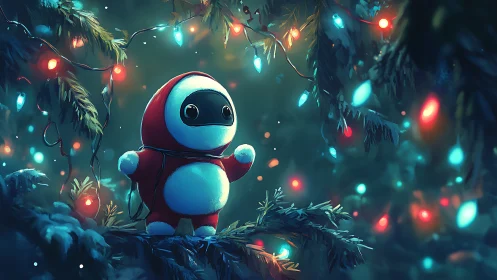 Red-hooded robot among glowing winter forest lights.