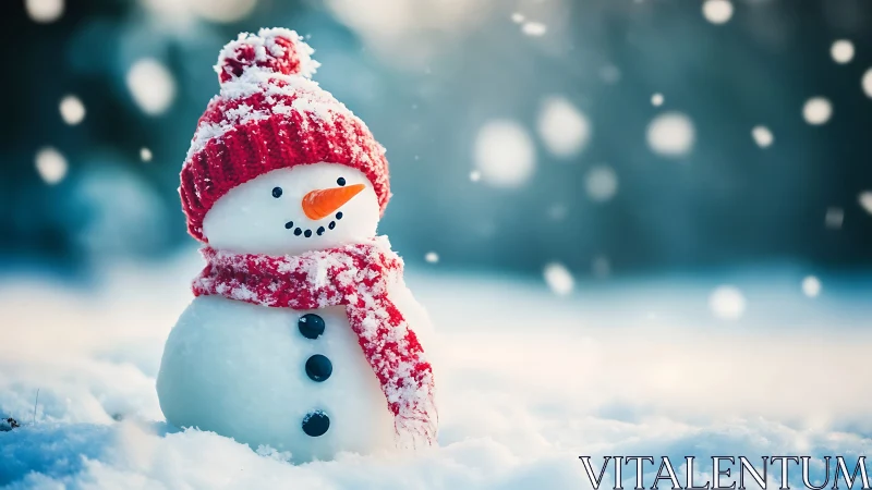 Cozy little snowman bundled in red on a snowy day.