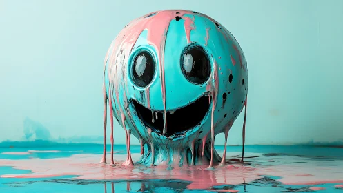 Melted turquoise smiley head dripping pink paint pool.