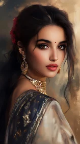 Graceful woman in saree gazes softly in warm golden light