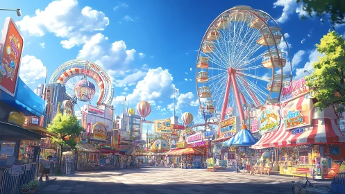 Sunny anime amusement park with ferris wheel and rides.