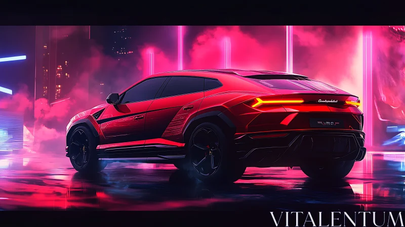 Red performance SUV glows in neon cyberpunk cityscape.