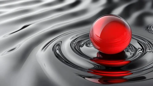 Shiny Red Sphere on Liquid Metal Surface, Modern Abstract Art.
